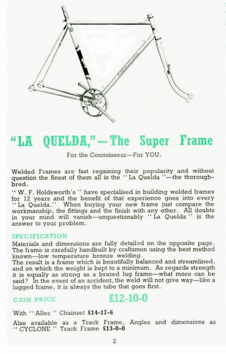 Holdsworth 1949 Catalog — Cycles and Frames, Season 1949: the La Quelda, Cyclone and Cyclone-de-Luxe Frames, the La Quelda Special Club and Flyer — page 2 of 8