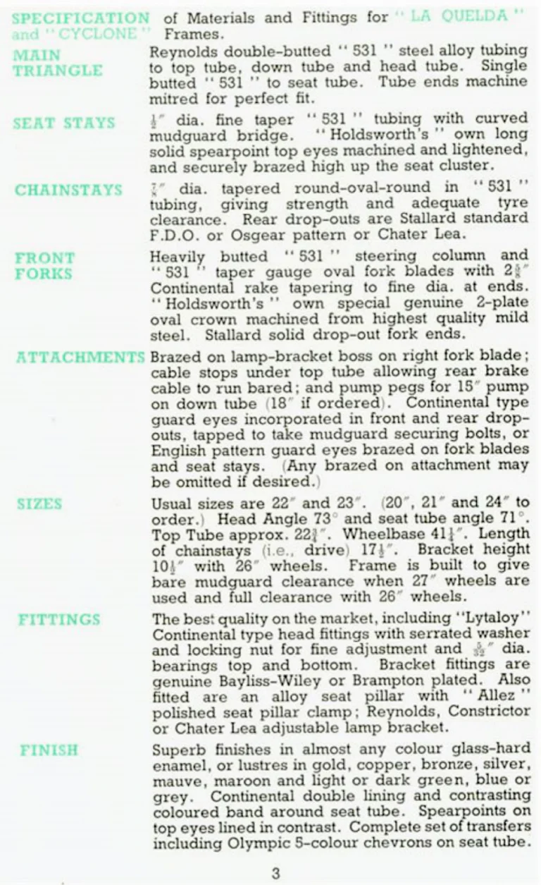 Holdsworth 1949 Catalog — Cycles and Frames, Season 1949: the La Quelda, Cyclone and Cyclone-de-Luxe Frames, the La Quelda Special Club and Flyer — page 3 of 8