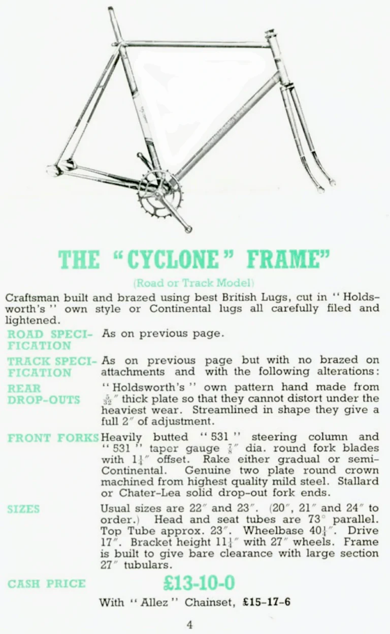 Holdsworth 1949 Catalog — Cycles and Frames, Season 1949: the La Quelda, Cyclone and Cyclone-de-Luxe Frames, the La Quelda Special Club and Flyer — page 4 of 8
