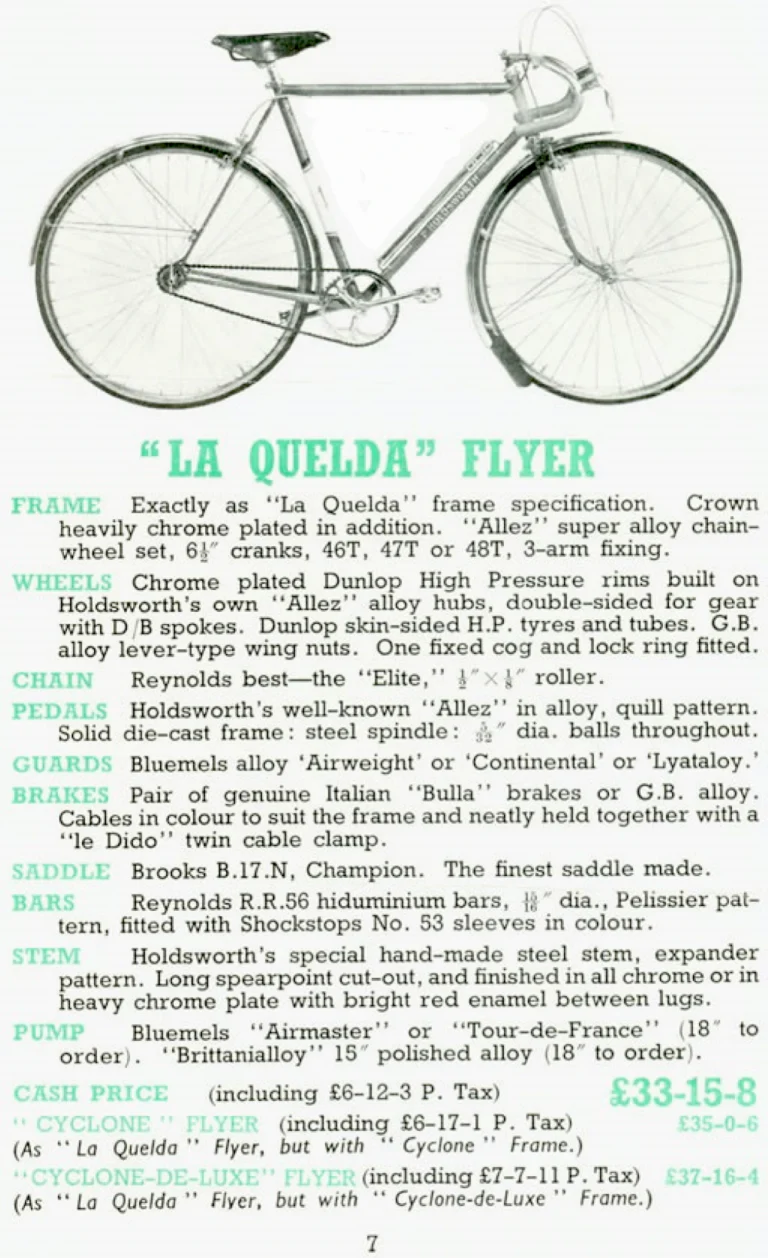 Holdsworth 1949 Catalog — Cycles and Frames, Season 1949: the La Quelda, Cyclone and Cyclone-de-Luxe Frames, the La Quelda Special Club and Flyer — page 7 of 8