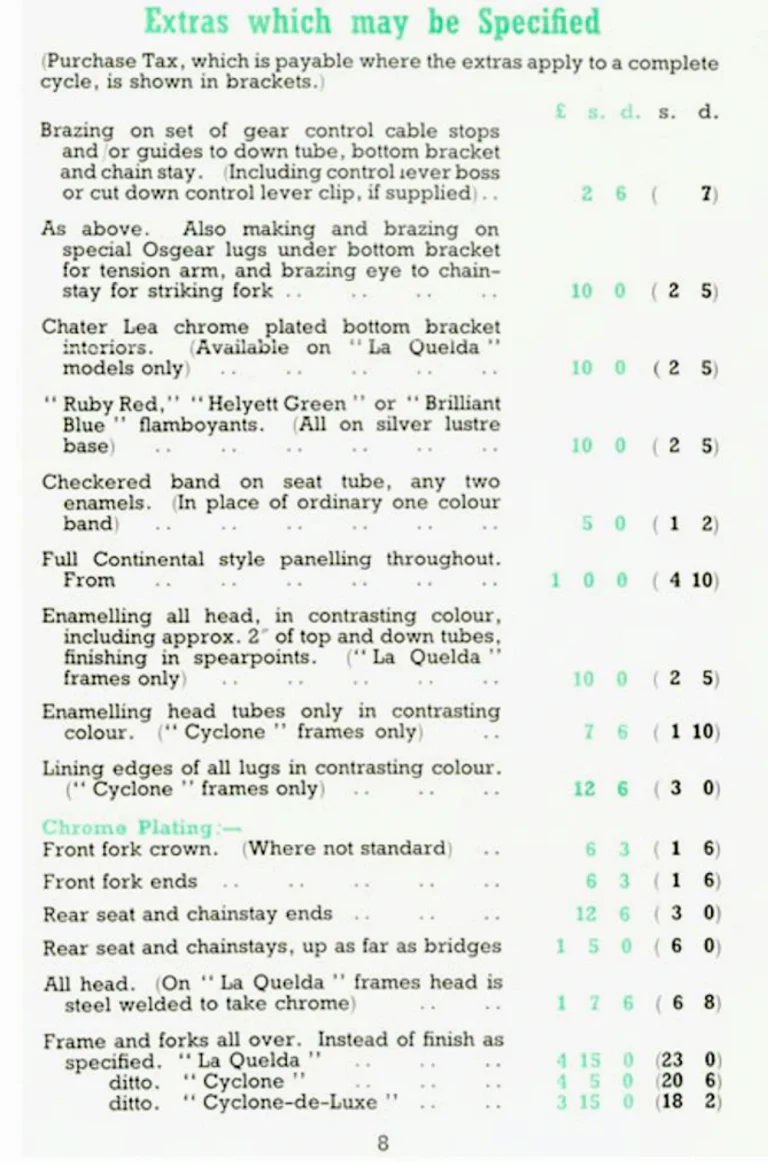 Holdsworth 1949 Catalog — Cycles and Frames, Season 1949: the La Quelda, Cyclone and Cyclone-de-Luxe Frames, the La Quelda Special Club and Flyer — page 8 of 8