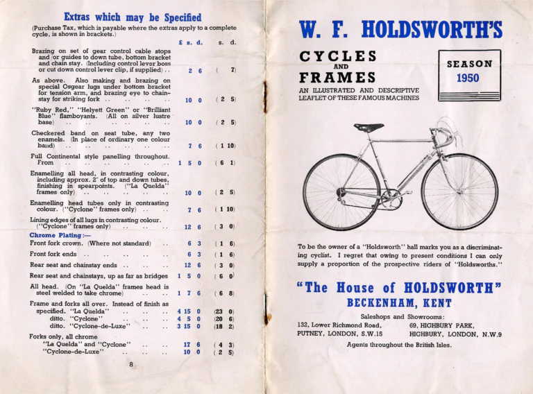Holdsworth 1950 Catalog — Cycles and Frames, Season 1950: the La Quelda, Cyclone and Cyclone-de-Luxe Frames, the La Quelda Special Club and Flyer — page 1 of 4