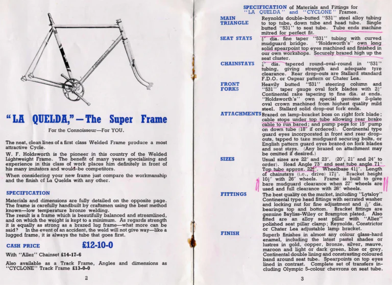 Holdsworth 1950 Catalog — Cycles and Frames, Season 1950: the La Quelda, Cyclone and Cyclone-de-Luxe Frames, the La Quelda Special Club and Flyer — page 2 of 4