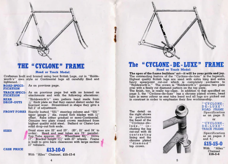 Holdsworth 1950 Catalog — Cycles and Frames, Season 1950: the La Quelda, Cyclone and Cyclone-de-Luxe Frames, the La Quelda Special Club and Flyer — page 3 of 4