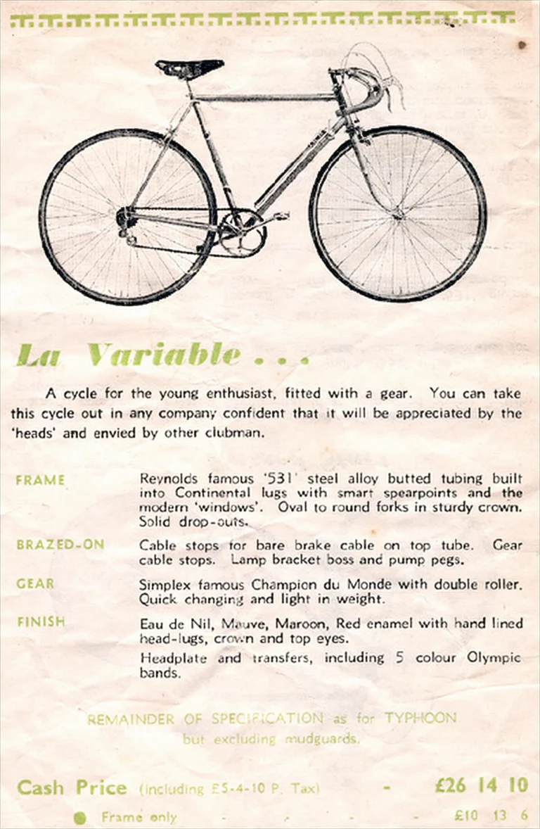 Holdsworth 1951 Catalog — La Quelda, La Variable, the Cyclone Frames, Sirocco, Tornado, Typhoon and the Tricycle Conversion Set — page 3 of 11