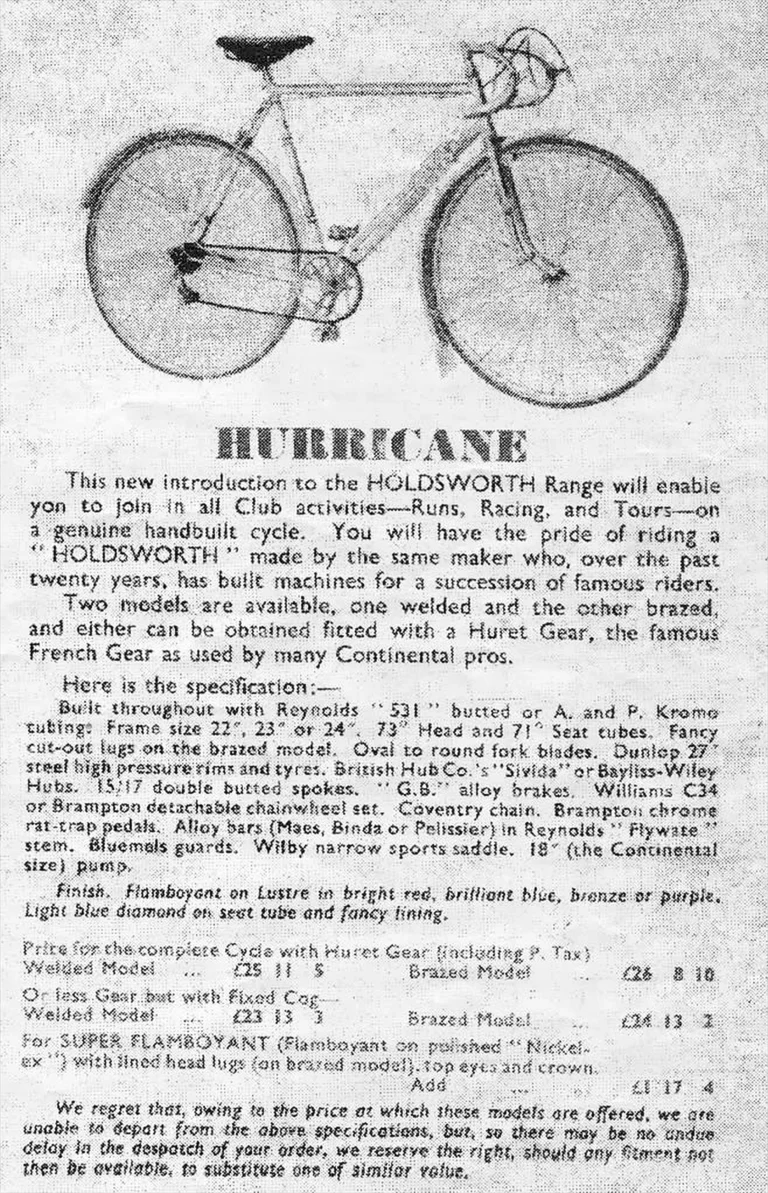 Holdsworth 1953 Catalog — Cyclone, La Quelda, Hurricane, Tornado, Typhoon, Whirlwind, Zephyr and Roi de Velo — page 5 of 11