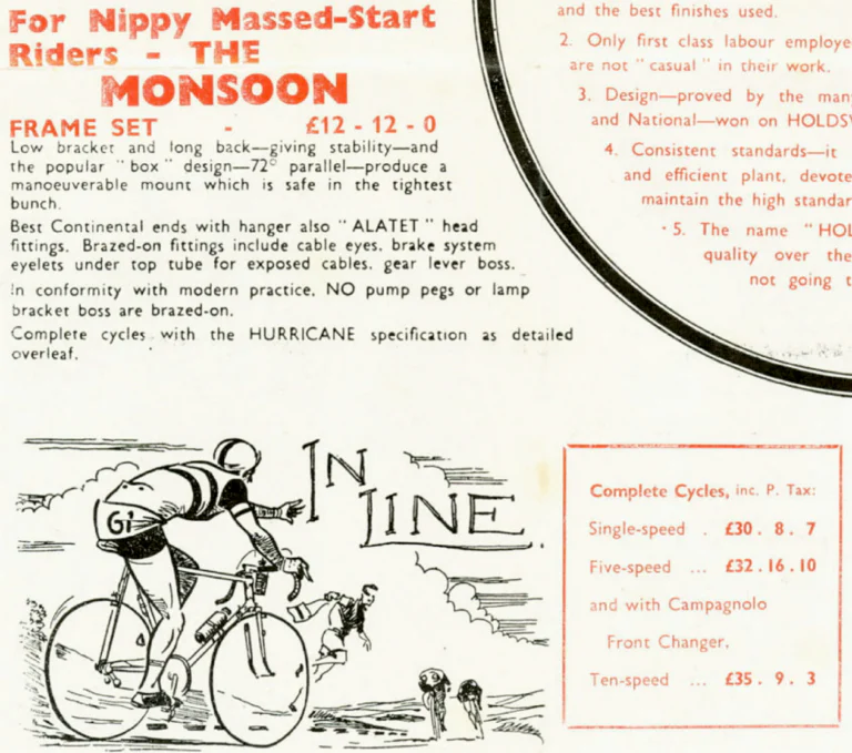 Holdsworth 1958 Catalog — The Mark of Quality: the Typhoon, Cyclone, Monsoon, Zephyr, Hurricane, Whirlwind and the Tricycle Conversion Set — page 5 of 11