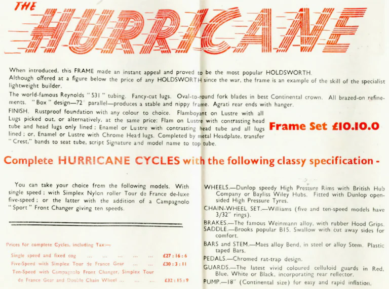 Holdsworth 1958 Catalog — The Mark of Quality: the Typhoon, Cyclone, Monsoon, Zephyr, Hurricane, Whirlwind and the Tricycle Conversion Set — page 7 of 11