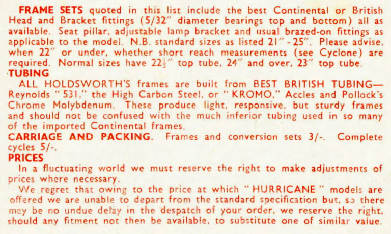 Holdsworth 1958 Catalog — The Mark of Quality: the Typhoon, Cyclone, Monsoon, Zephyr, Hurricane, Whirlwind and the Tricycle Conversion Set — page 10 of 11