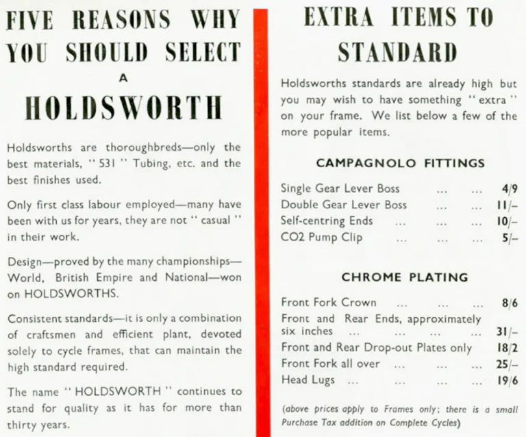 Holdsworth 1959 Catalog — The Mark of Quality: the Cyclone, Hurricane, Monsoon and Zephyr, Purely Path Frames and the Tricycle Conversion Set — page 2 of 8