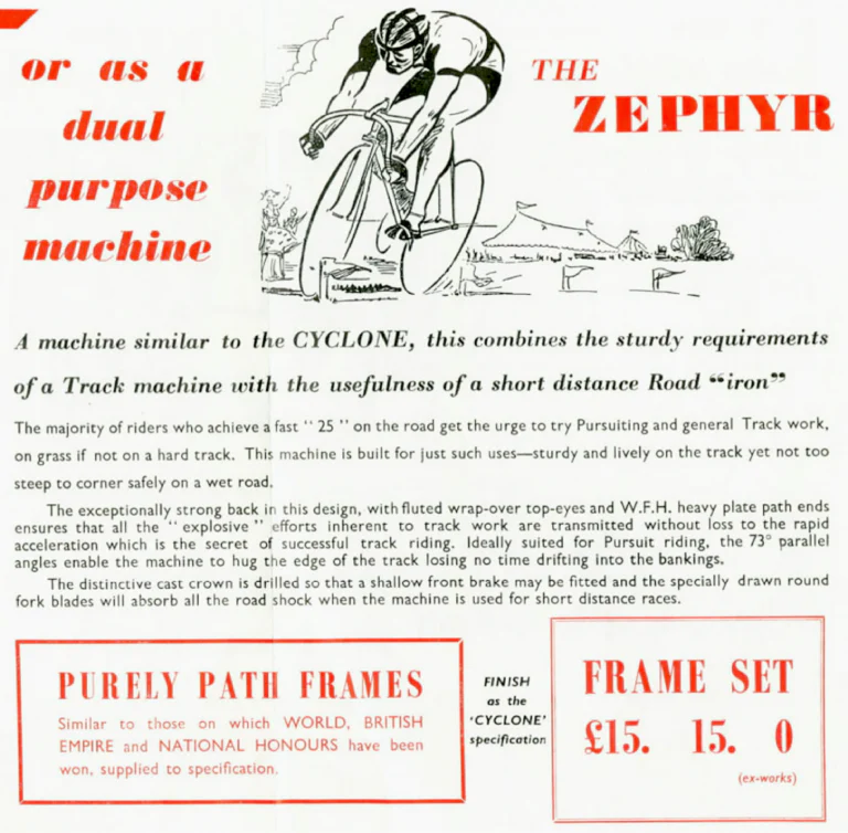 Holdsworth 1959 Catalog — The Mark of Quality: the Cyclone, Hurricane, Monsoon and Zephyr, Purely Path Frames and the Tricycle Conversion Set — page 6 of 8