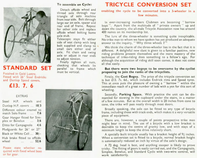 Holdsworth 1959 Catalog — The Mark of Quality: the Cyclone, Hurricane, Monsoon and Zephyr, Purely Path Frames and the Tricycle Conversion Set — page 7 of 8