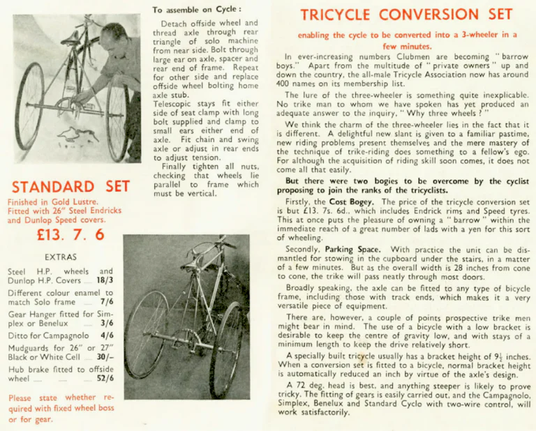 Holdsworth 1960 Catalog — The Mark of Quality: the Cyclone, Zephyr, Hurricane and Monsoon, the Tricycle Conversion Set and Extra Items to Standard — page 7 of 9