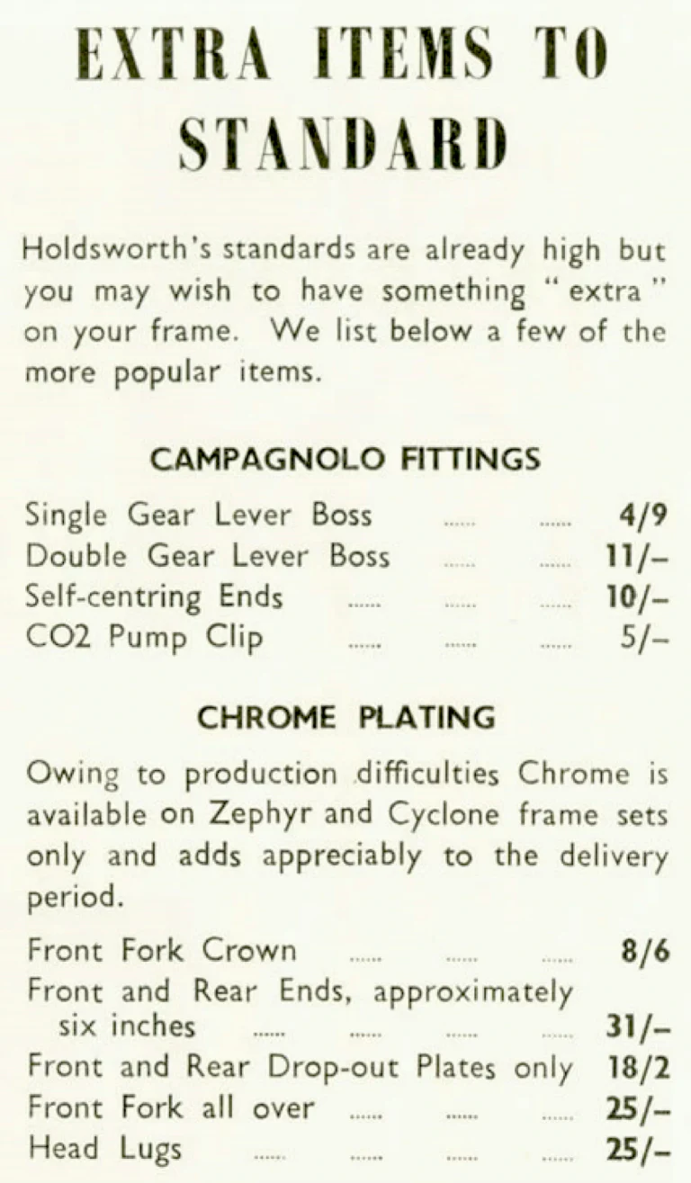 Holdsworth 1960 Catalog — The Mark of Quality: the Cyclone, Zephyr, Hurricane and Monsoon, the Tricycle Conversion Set and Extra Items to Standard — page 8 of 9