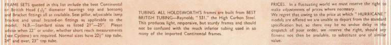 Holdsworth 1960 Catalog — The Mark of Quality: the Cyclone, Zephyr, Hurricane and Monsoon, the Tricycle Conversion Set and Extra Items to Standard — page 9 of 9