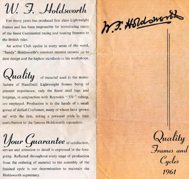 Holdsworth 1961 Catalog — Quality Frames and Cycles: the Hurricane and Golden Cycle, Cyclone, Monsoon, Zephyr and the Trike Conversion Set — page 1 of 7