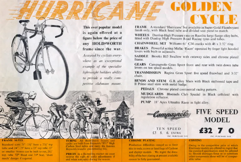 Holdsworth 1961 Catalog — Quality Frames and Cycles: the Hurricane and Golden Cycle, Cyclone, Monsoon, Zephyr and the Trike Conversion Set — page 3 of 7