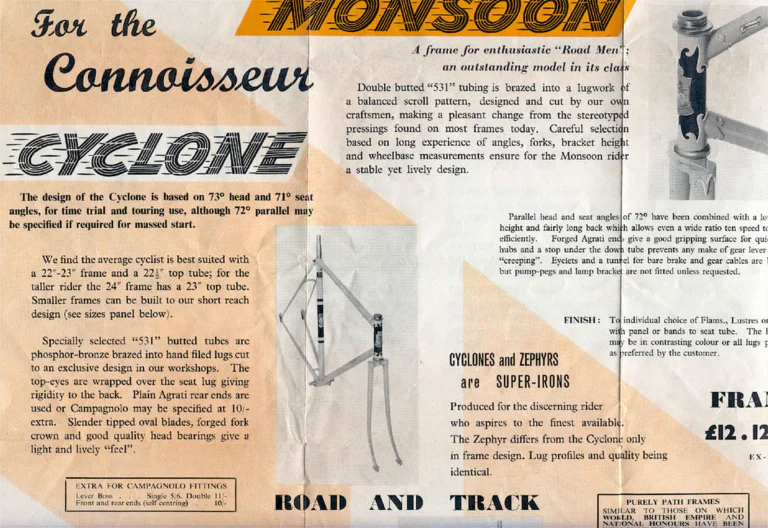 Holdsworth 1961 Catalog — Quality Frames and Cycles: the Hurricane and Golden Cycle, Cyclone, Monsoon, Zephyr and the Trike Conversion Set — page 4 of 7