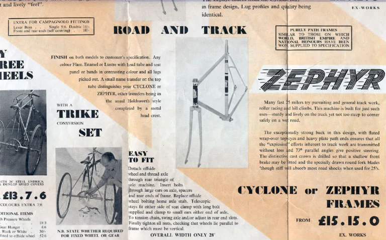 Holdsworth 1961 Catalog — Quality Frames and Cycles: the Hurricane and Golden Cycle, Cyclone, Monsoon, Zephyr and the Trike Conversion Set — page 6 of 7