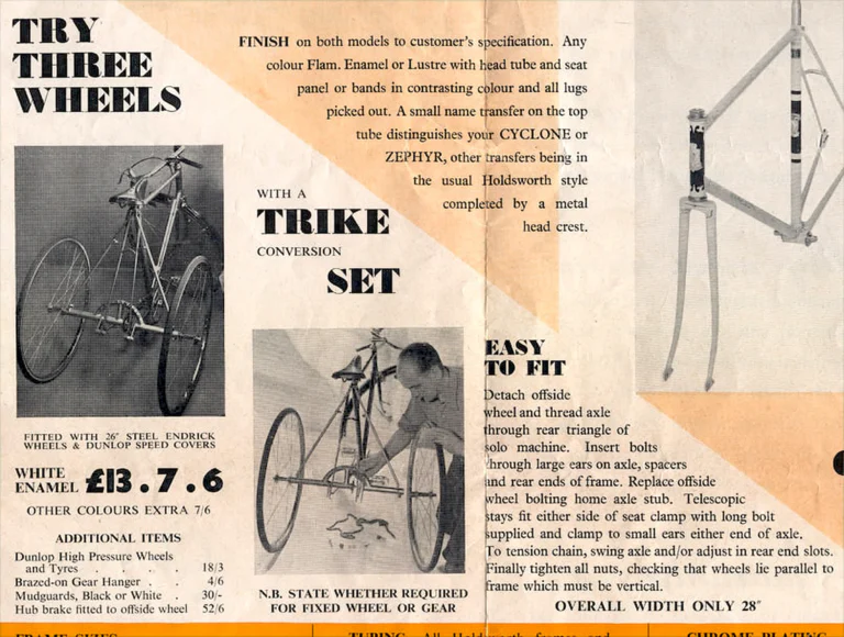 Holdsworth 1961 Catalog — Quality Frames and Cycles: the Hurricane and Golden Cycle, Cyclone, Monsoon, Zephyr and the Trike Conversion Set — page 7 of 7