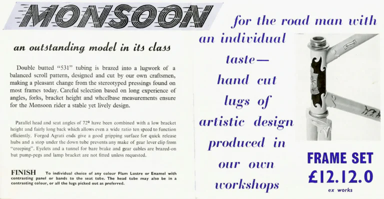 Holdsworth 1964 Catalog — Lightweight Frames and Cycles, Handbuilt by Craftsmen: the Golden Hurricane, Mistral, Monsoon and the Trike Conversion Set — page 5 of 7