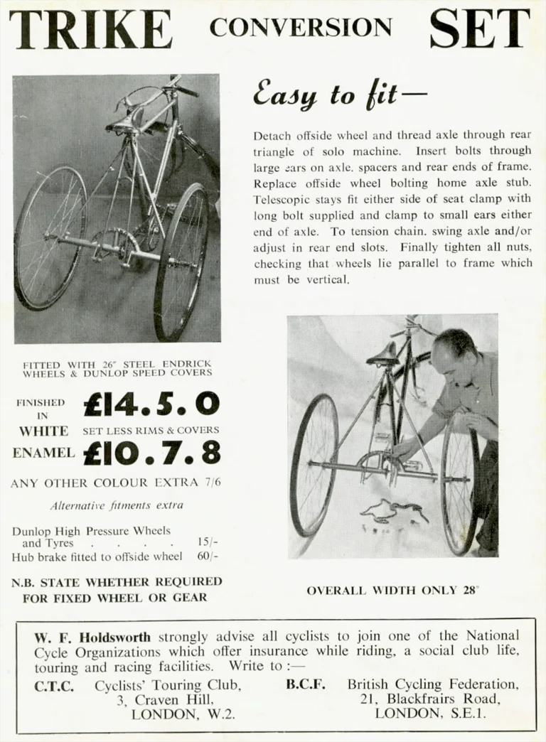 Holdsworth 1964 Catalog — Lightweight Frames and Cycles, Handbuilt by Craftsmen: the Golden Hurricane, Mistral, Monsoon and the Trike Conversion Set — page 7 of 7