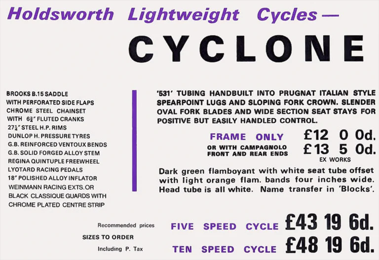 Holdsworth 1968 Catalog — Handbuilt Perfection: the Cyclone, Mistral, Super Mistral, Fastback, Continental and Typhoon — page 3 of 11