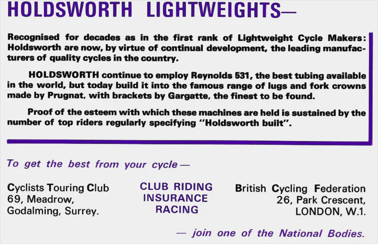 Holdsworth 1968 Catalog — Handbuilt Perfection: the Cyclone, Mistral, Super Mistral, Fastback, Continental and Typhoon — page 11 of 11
