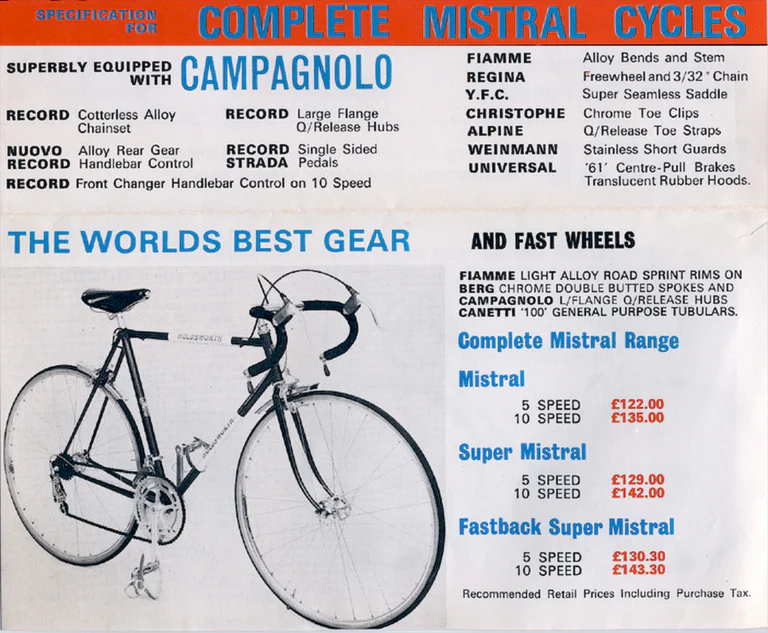 Holdsworth 1971 Catalog — Cycles and Frames: the Cyclone, Equipe, Mistral, Super Mistral, Fastback, Record and the Professional Team Models — page 4 of 9