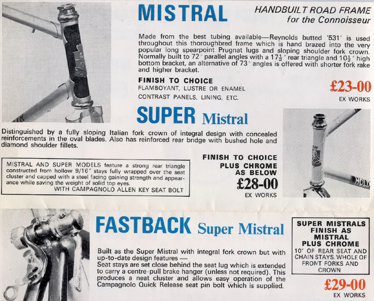 Holdsworth 1971 Catalog — Cycles and Frames: the Cyclone, Equipe, Mistral, Super Mistral, Fastback, Record and the Professional Team Models — page 5 of 9