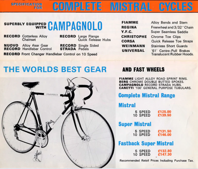 Holdsworth 1972 Catalog — Cycles and Frames: the Cyclone, Equipe, Mistral, Fastback, Record, the Twelve Speed Road Machine and the 1972 Team — page 4 of 10