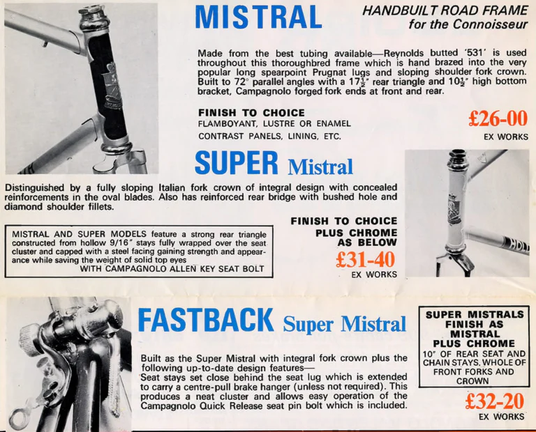 Holdsworth 1972 Catalog — Cycles and Frames: the Cyclone, Equipe, Mistral, Fastback, Record, the Twelve Speed Road Machine and the 1972 Team — page 5 of 10