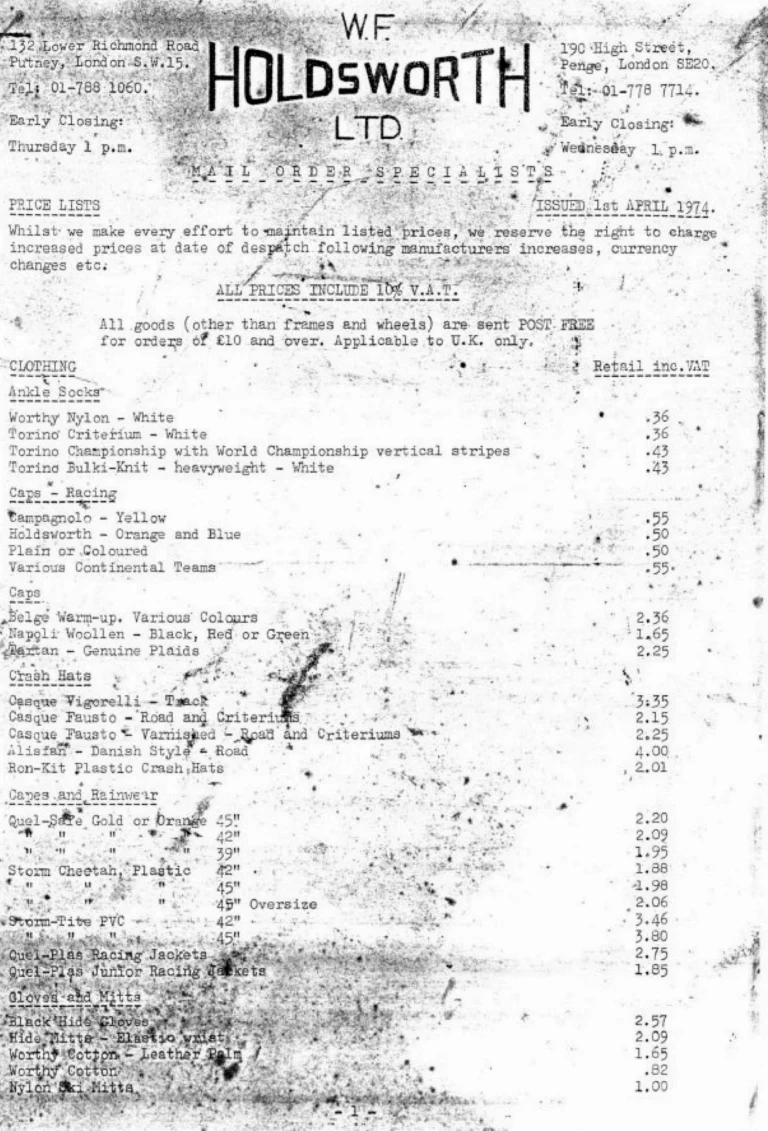 Holdsworth April 1974 Mail Order Price List — Clothing, Accessories, Components and Campagnolo Spares from W. F. Holdsworth Ltd., with the Wheel List — page 1 of 15