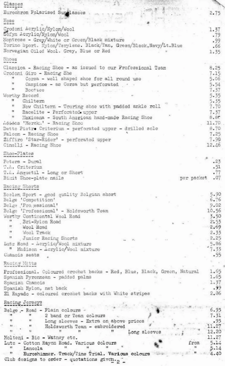 Holdsworth April 1974 Mail Order Price List — Clothing, Accessories, Components and Campagnolo Spares from W. F. Holdsworth Ltd., with the Wheel List — page 2 of 15