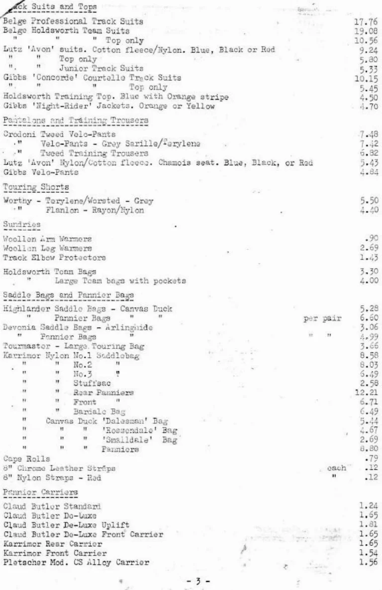 Holdsworth April 1974 Mail Order Price List — Clothing, Accessories, Components and Campagnolo Spares from W. F. Holdsworth Ltd., with the Wheel List — page 3 of 15