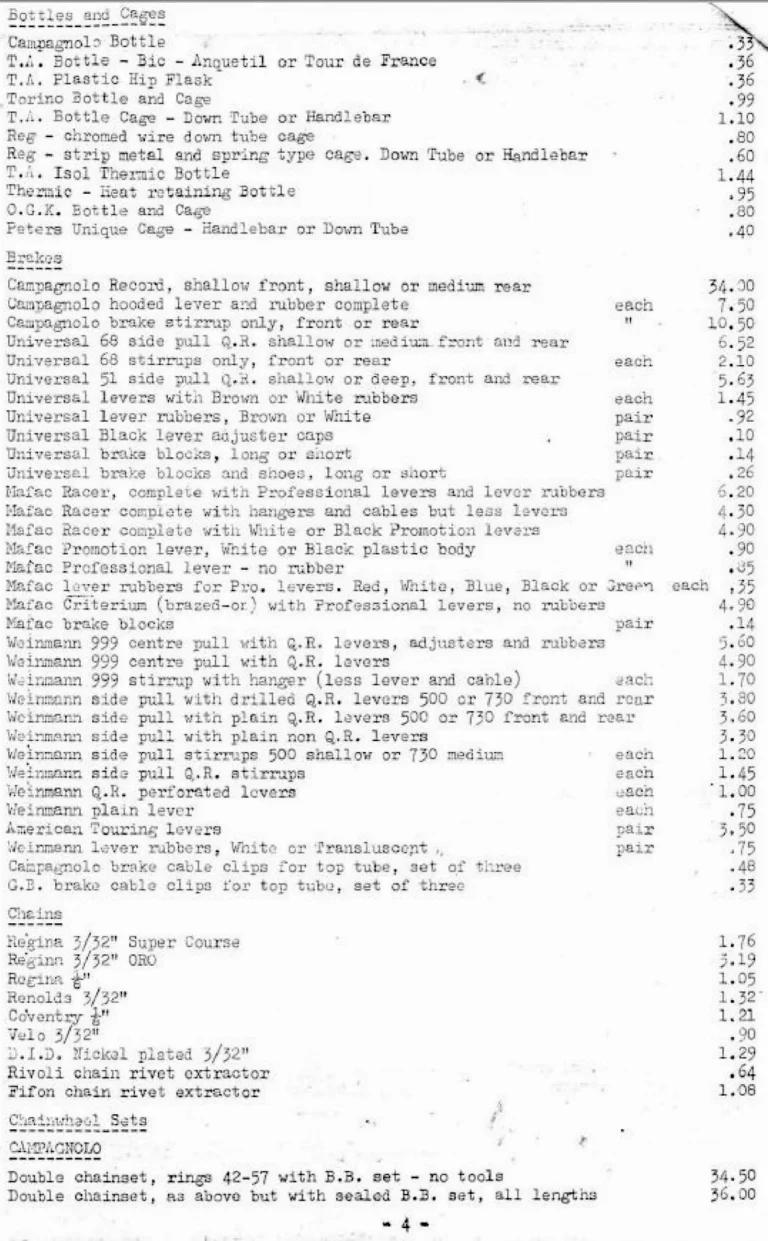 Holdsworth April 1974 Mail Order Price List — Clothing, Accessories, Components and Campagnolo Spares from W. F. Holdsworth Ltd., with the Wheel List — page 4 of 15