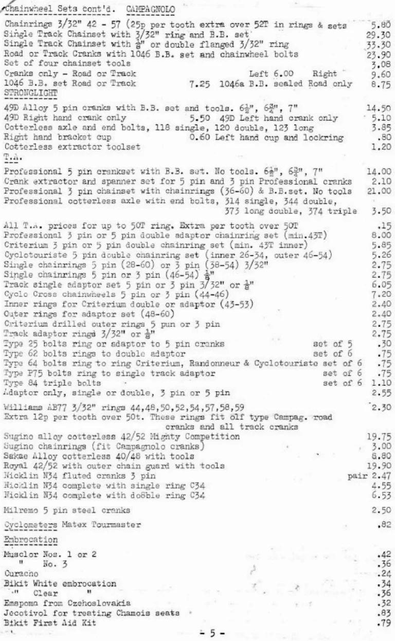 Holdsworth April 1974 Mail Order Price List — Clothing, Accessories, Components and Campagnolo Spares from W. F. Holdsworth Ltd., with the Wheel List — page 5 of 15