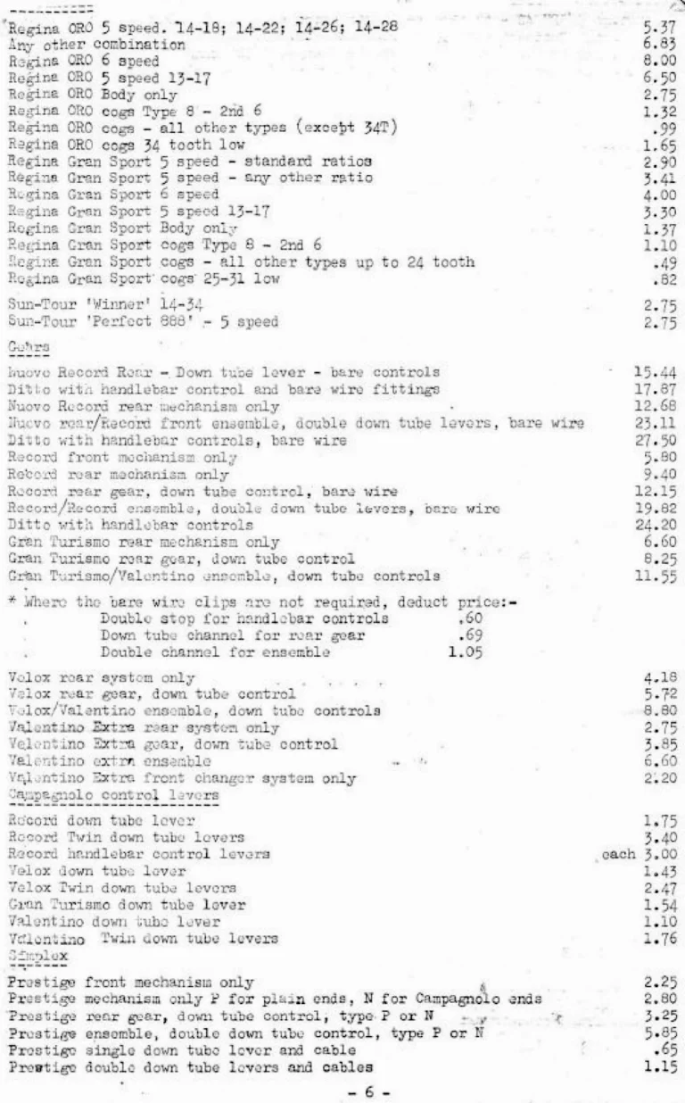 Holdsworth April 1974 Mail Order Price List — Clothing, Accessories, Components and Campagnolo Spares from W. F. Holdsworth Ltd., with the Wheel List — page 6 of 15