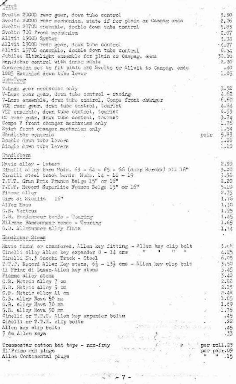 Holdsworth April 1974 Mail Order Price List — Clothing, Accessories, Components and Campagnolo Spares from W. F. Holdsworth Ltd., with the Wheel List — page 7 of 15