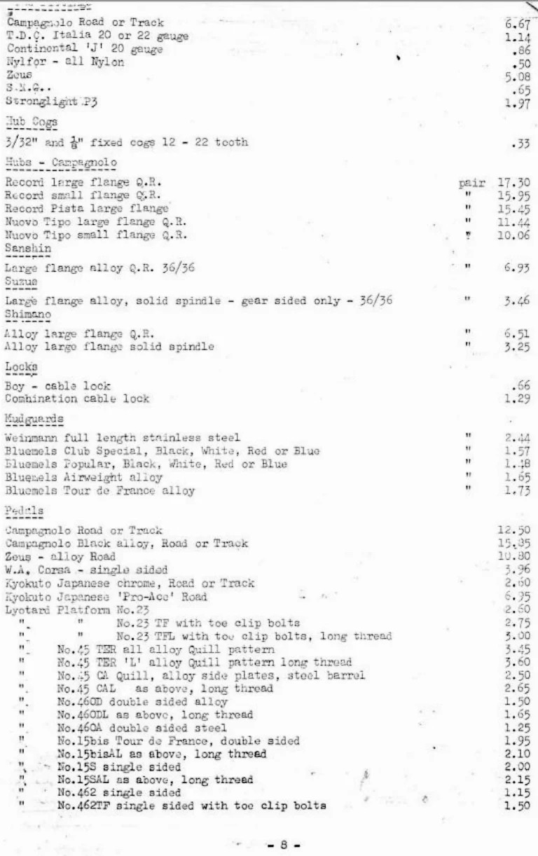 Holdsworth April 1974 Mail Order Price List — Clothing, Accessories, Components and Campagnolo Spares from W. F. Holdsworth Ltd., with the Wheel List — page 8 of 15