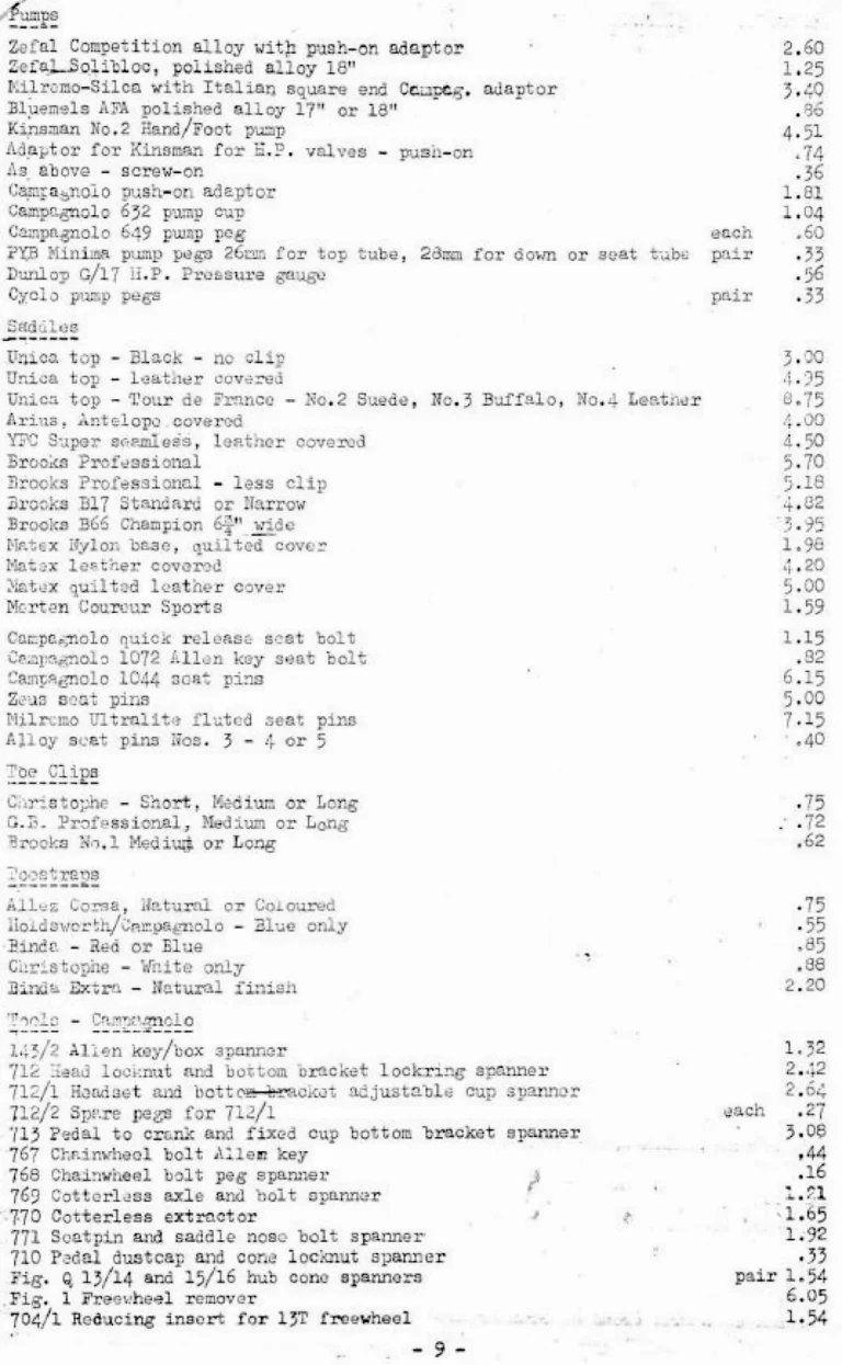 Holdsworth April 1974 Mail Order Price List — Clothing, Accessories, Components and Campagnolo Spares from W. F. Holdsworth Ltd., with the Wheel List — page 9 of 15