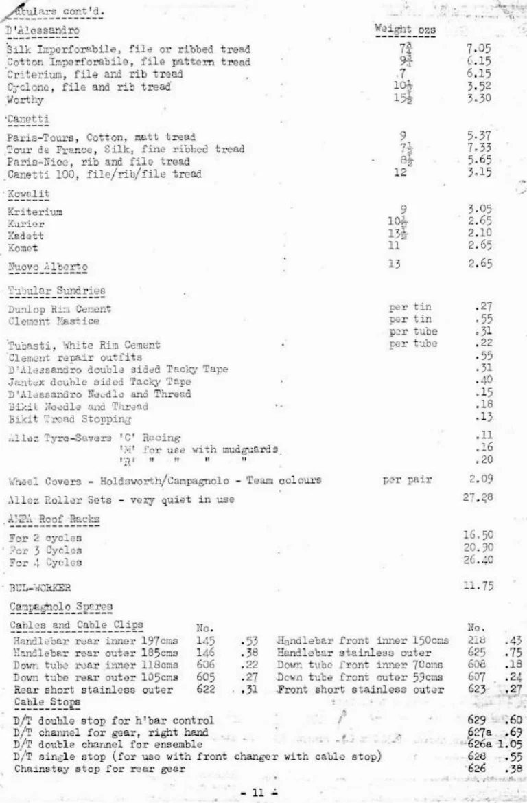 Holdsworth April 1974 Mail Order Price List — Clothing, Accessories, Components and Campagnolo Spares from W. F. Holdsworth Ltd., with the Wheel List — page 11 of 15