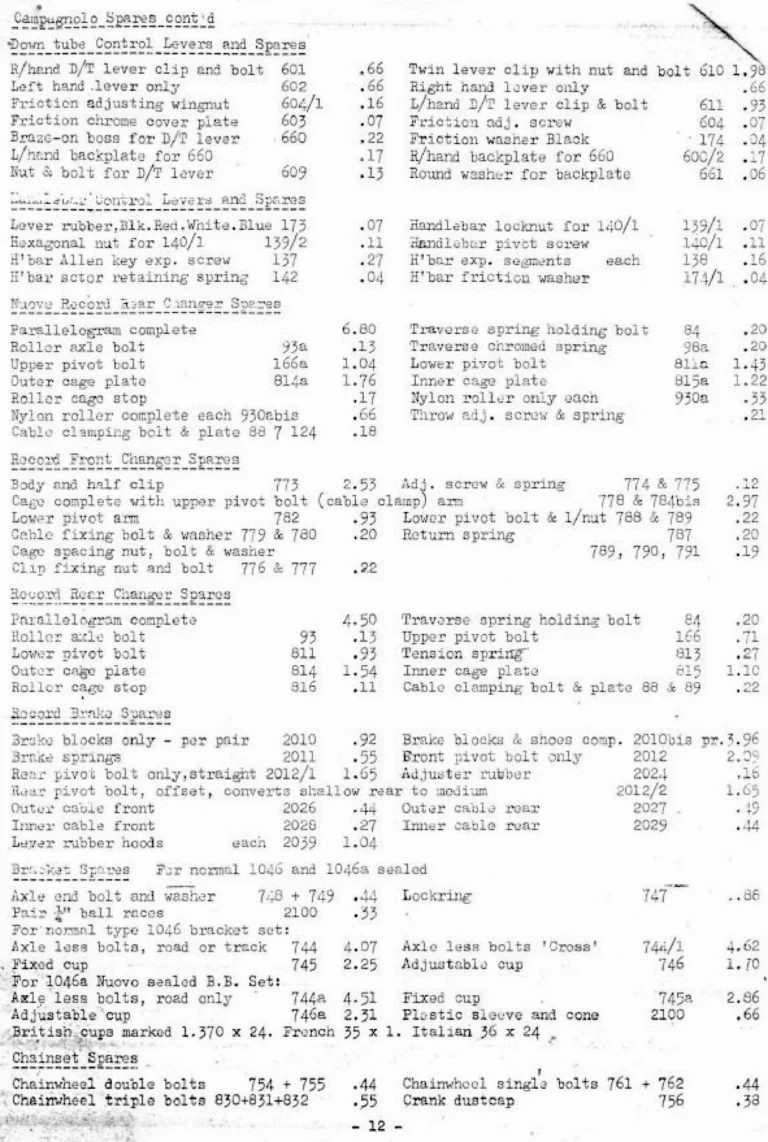 Holdsworth April 1974 Mail Order Price List — Clothing, Accessories, Components and Campagnolo Spares from W. F. Holdsworth Ltd., with the Wheel List — page 12 of 15