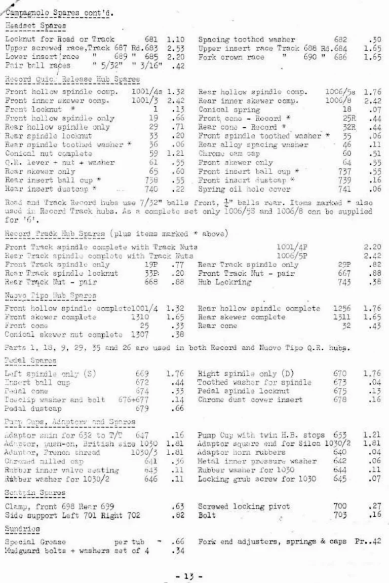 Holdsworth April 1974 Mail Order Price List — Clothing, Accessories, Components and Campagnolo Spares from W. F. Holdsworth Ltd., with the Wheel List — page 13 of 15