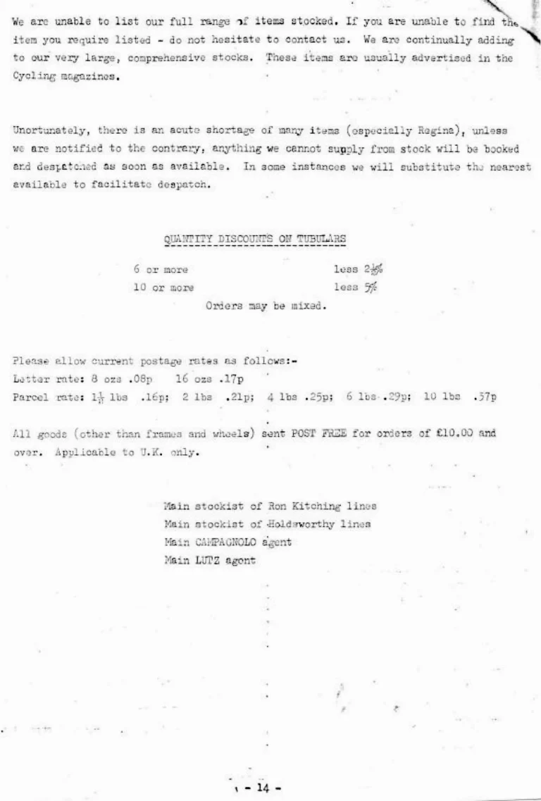 Holdsworth April 1974 Mail Order Price List — Clothing, Accessories, Components and Campagnolo Spares from W. F. Holdsworth Ltd., with the Wheel List — page 14 of 15