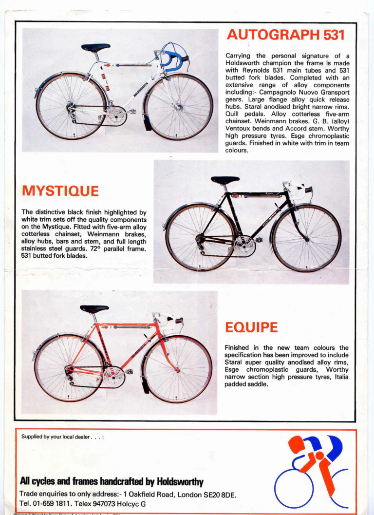 Holdsworth 1978 Catalog — Lightweight Cycles and Frames by Holdsworthy: Teamwork, the Holdsworth Formula, from the Professional SL to the Autograph 531 — page 4 of 4