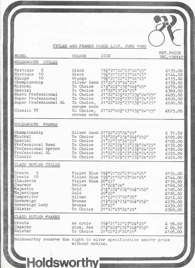 Holdsworth 1980 Sales Leaflet — The Mystique, Equipe, Mistral, Special, Professional SL and Classic, with the Price List of June 1980 — page 7 of 7