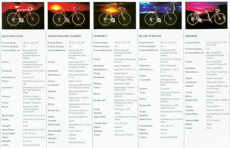 Holdsworth 1987 Catalog — Handbuilt English Bicycles: the Quicksilver, Triathalon Classic, Hornet, Blue Streak and Gemini Tandem — page 11 of 12