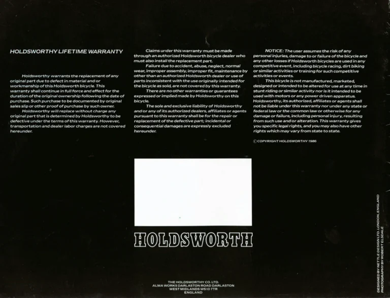 Holdsworth 1987 Catalog — Handbuilt English Bicycles: the Quicksilver, Triathalon Classic, Hornet, Blue Streak and Gemini Tandem — page 12 of 12