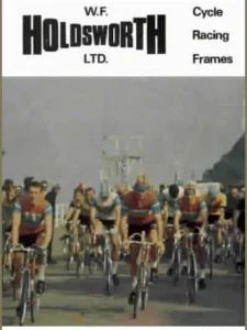 The Holdsworth Professional Road and Sprint frames, photographed on paving slabs, with a small photograph of two riders, beside the W.F. Holdsworth Ltd. Cycle Racing Frames title over a photograph of a bunch of racing cyclists.